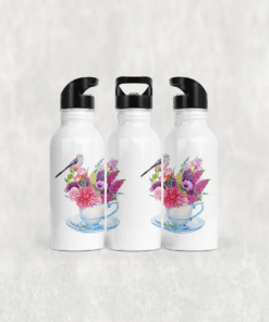 Kuşlu Çay Fincanı Çiçek Buketi Alüminyum Pipetli Matara 600 ML