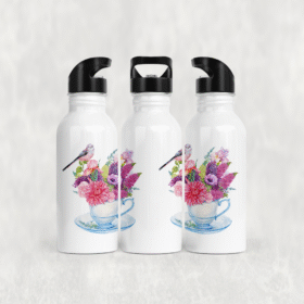 Kuşlu Çay Fincanı Çiçek Buketi Alüminyum Pipetli Matara 600 ML