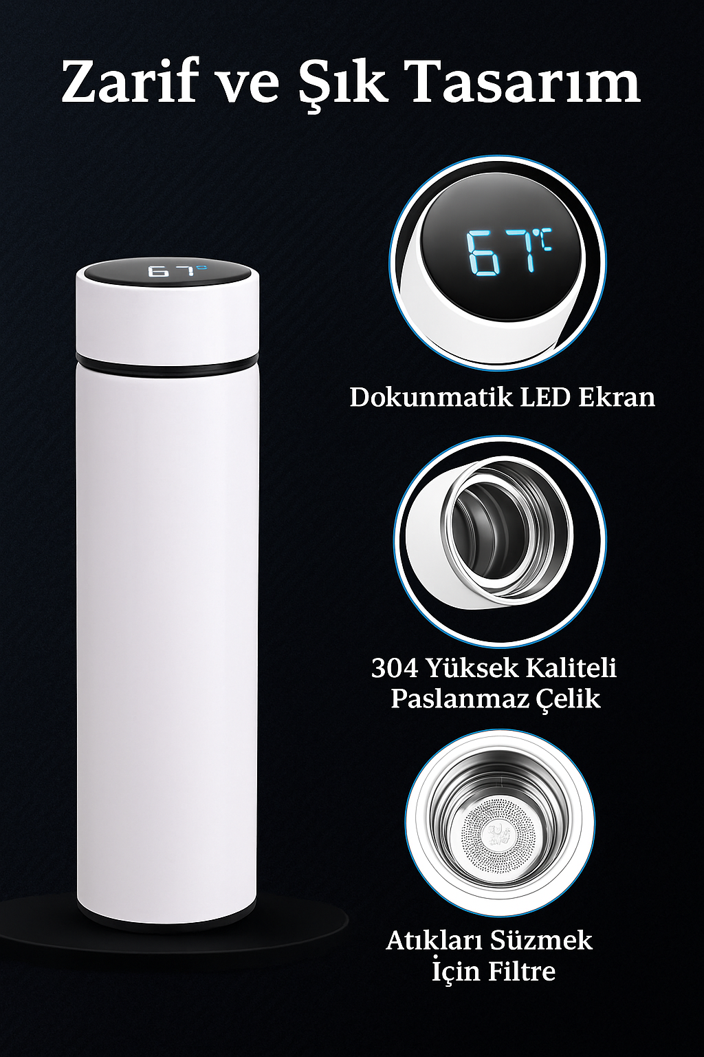 Güneş Ay Yüz Led Derece Göstergeli Paslanmaz Çelik Termos 500 ML - Görsel 3