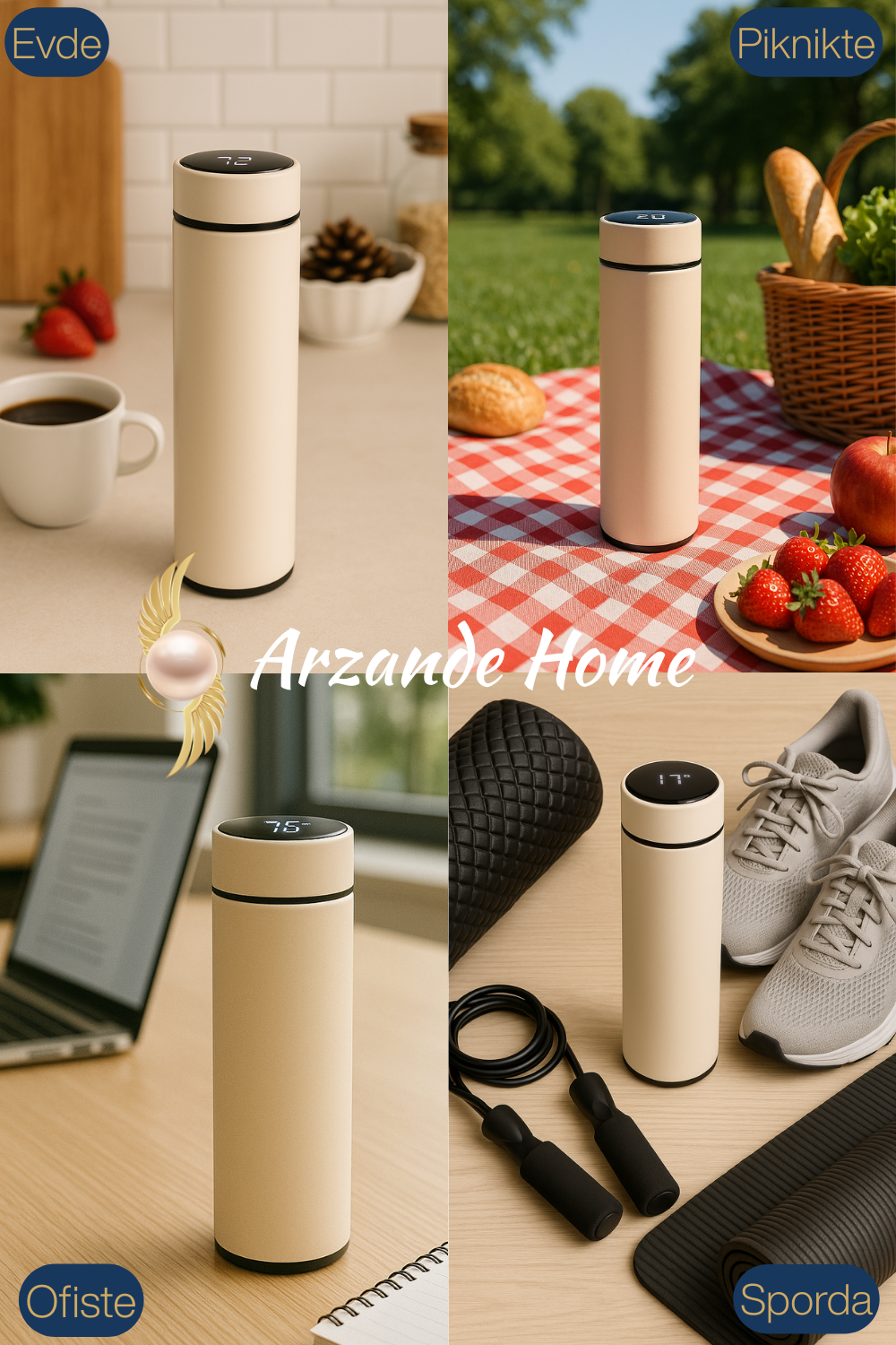 Güneş Ay Yüz Led Derece Göstergeli Paslanmaz Çelik Termos 500 ML - Görsel 4