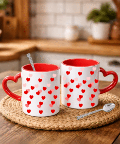Sevgililer Gününe Özel Kaşık Hediyeli Kırmızı Kalp Kulplu 2 Adet Porselen Kupa Bardak 1