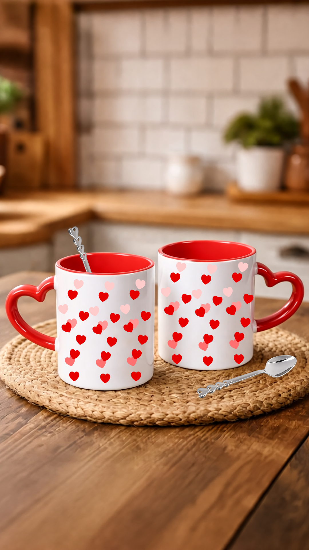 Sevgililer Gününe Özel Kaşık Hediyeli Kırmızı Kalp Kulplu 2 Adet Porselen Kupa Bardak 1