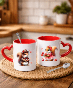 Sevgililer Gününe Özel Kaşık Hediyeli Kırmızı Kalp Kulplu 2 Adet Porselen Kupa Bardak 10