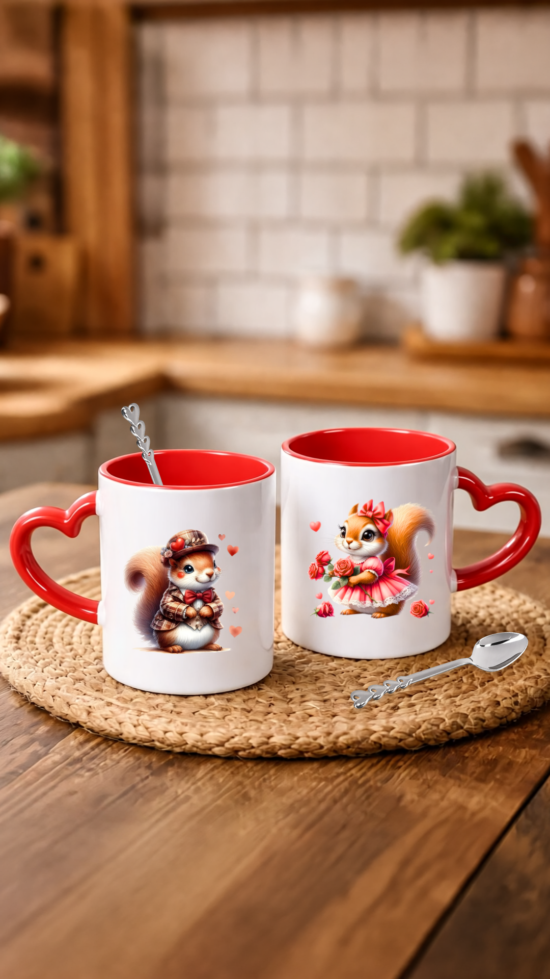 Sevgililer Gününe Özel Kaşık Hediyeli Kırmızı Kalp Kulplu 2 Adet Porselen Kupa Bardak 10