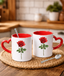 Sevgililer Gününe Özel Kaşık Hediyeli Kırmızı Kalp Kulplu 2 Adet Porselen Kupa Bardak 11