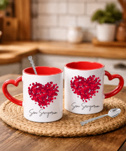 Sevgililer Gününe Özel Kaşık Hediyeli Kırmızı Kalp Kulplu 2 Adet Porselen Kupa Bardak 2
