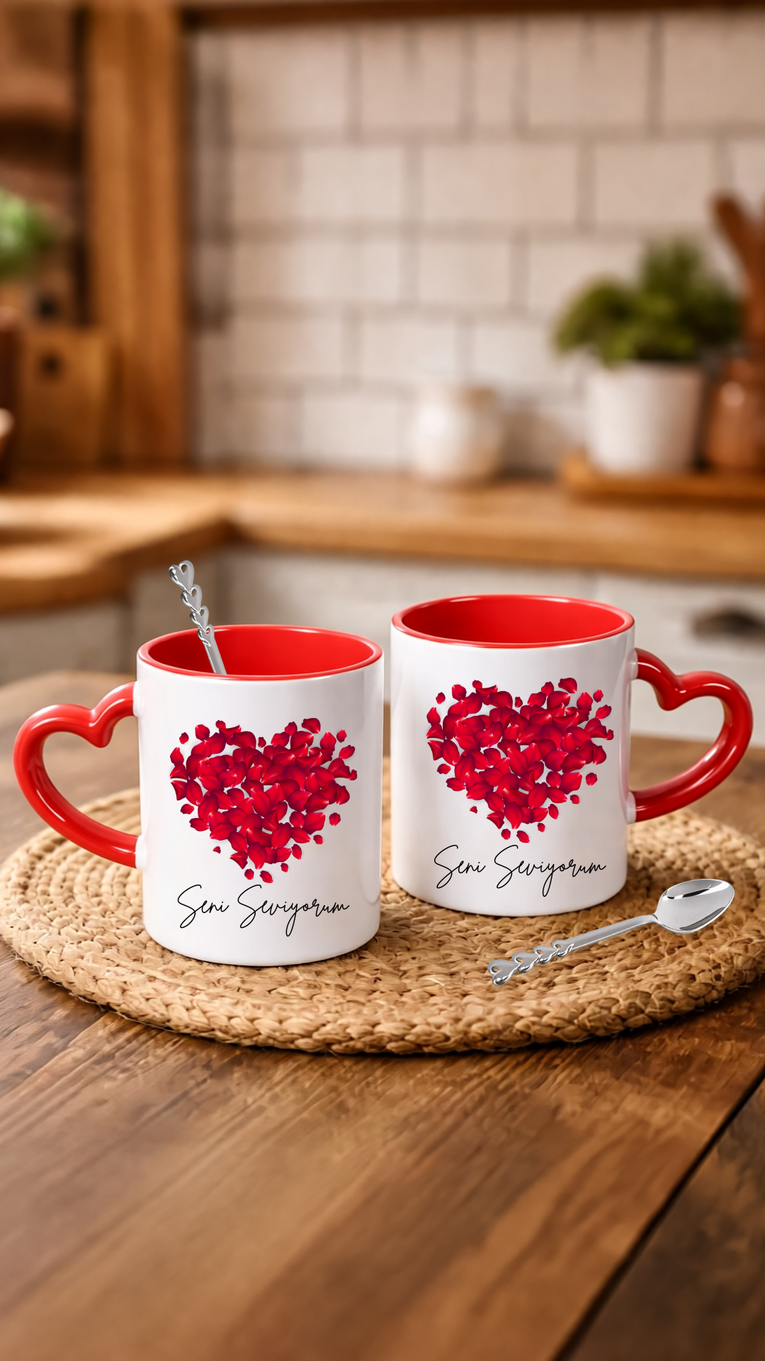 Sevgililer Gününe Özel Kaşık Hediyeli Kırmızı Kalp Kulplu 2 Adet Porselen Kupa Bardak 2