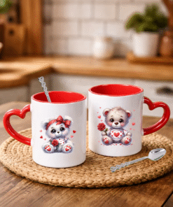 Sevgililer Gününe Özel Kaşık Hediyeli Kırmızı Kalp Kulplu 2 Adet Porselen Kupa Bardak 3