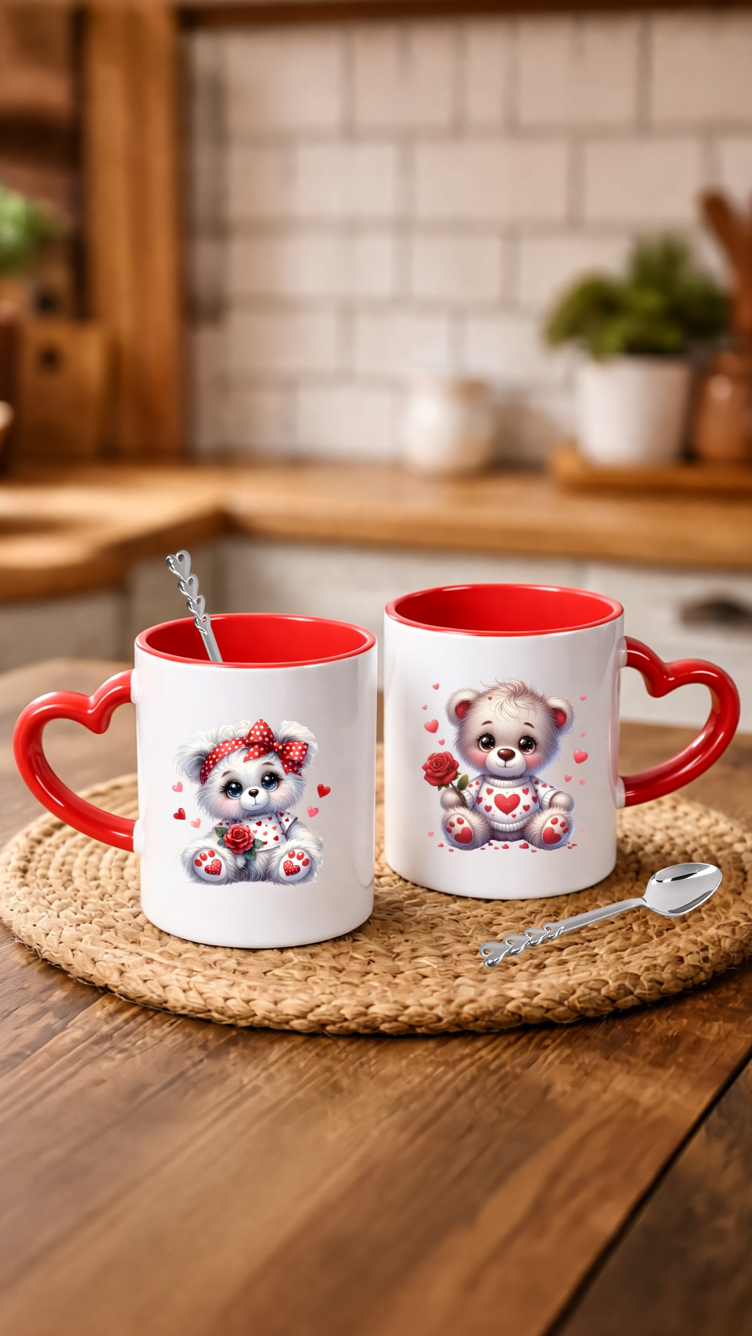 Sevgililer Gününe Özel Kaşık Hediyeli Kırmızı Kalp Kulplu 2 Adet Porselen Kupa Bardak 3