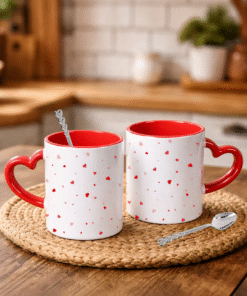 Sevgililer Gününe Özel Kaşık Hediyeli Kırmızı Kalp Kulplu 2 Adet Porselen Kupa Bardak 4