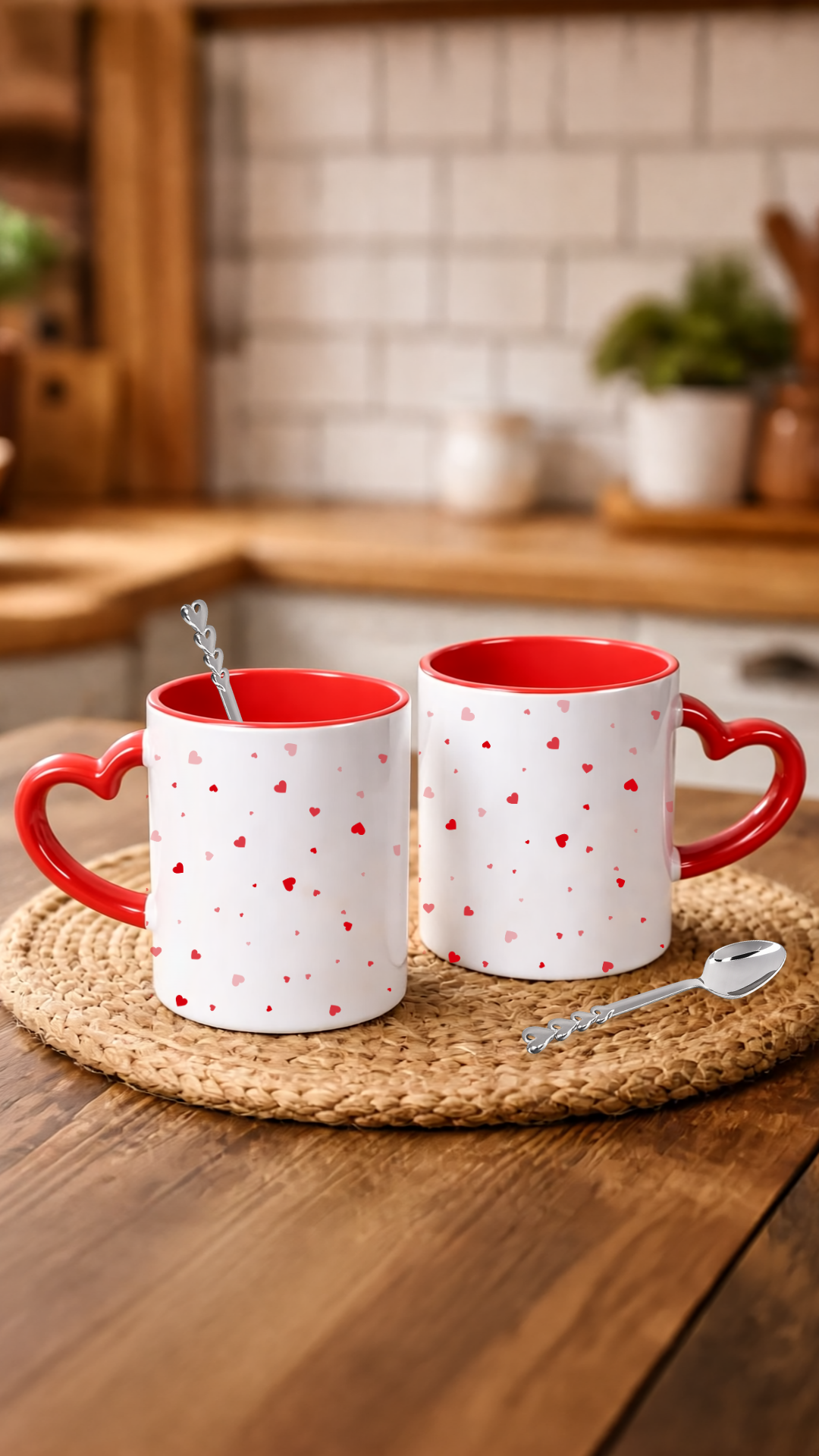 Sevgililer Gününe Özel Kaşık Hediyeli Kırmızı Kalp Kulplu 2 Adet Porselen Kupa Bardak 4