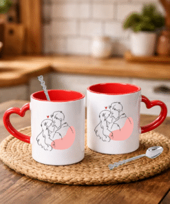 Sevgililer Gününe Özel Kaşık Hediyeli Kırmızı Kalp Kulplu 2 Adet Porselen Kupa Bardak 5