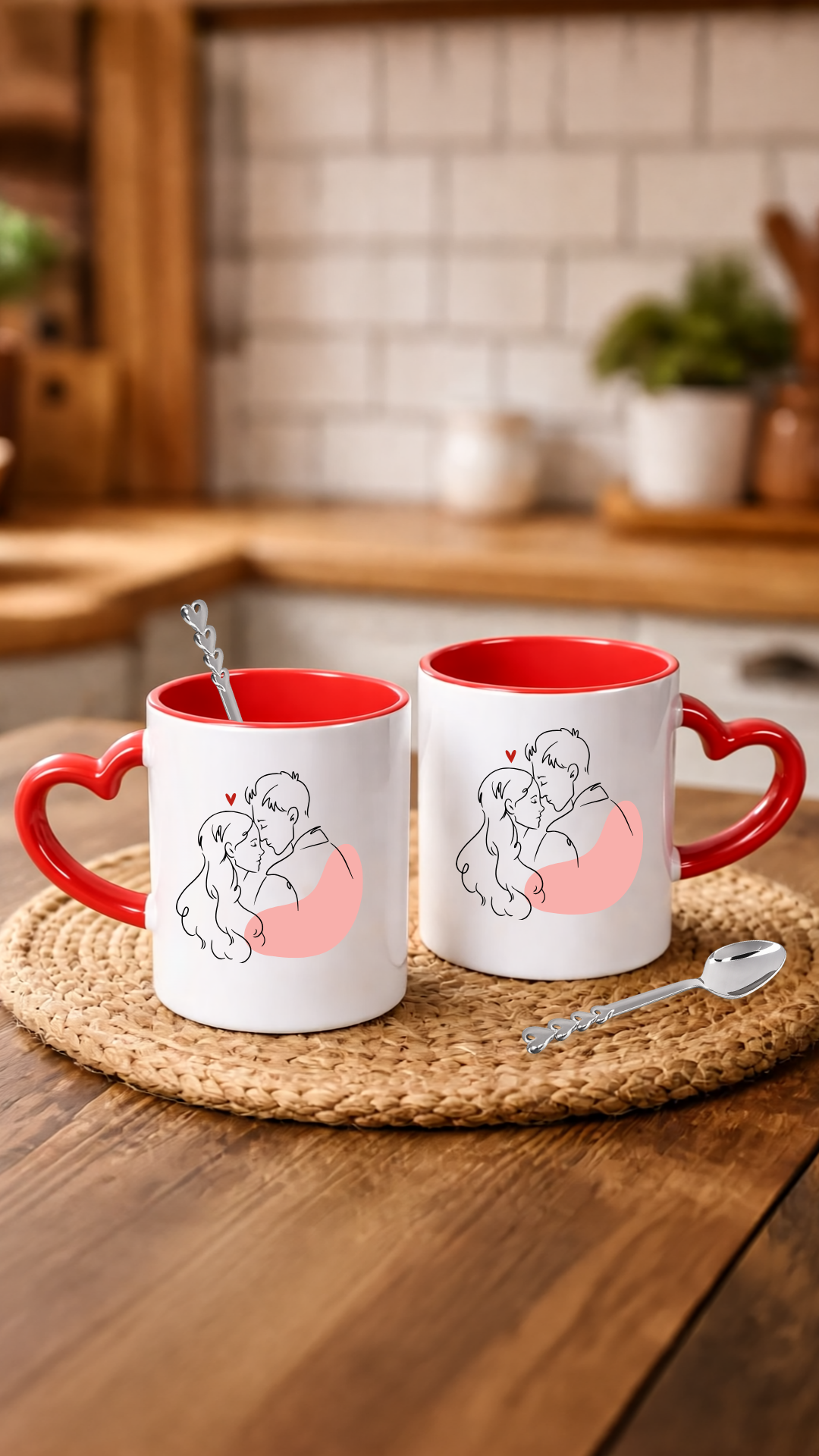 Sevgililer Gününe Özel Kaşık Hediyeli Kırmızı Kalp Kulplu 2 Adet Porselen Kupa Bardak 5