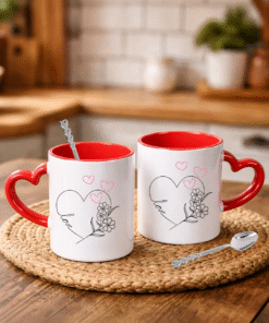Sevgililer Gününe Özel Kaşık Hediyeli Kırmızı Kalp Kulplu 2 Adet Porselen Kupa Bardak 6