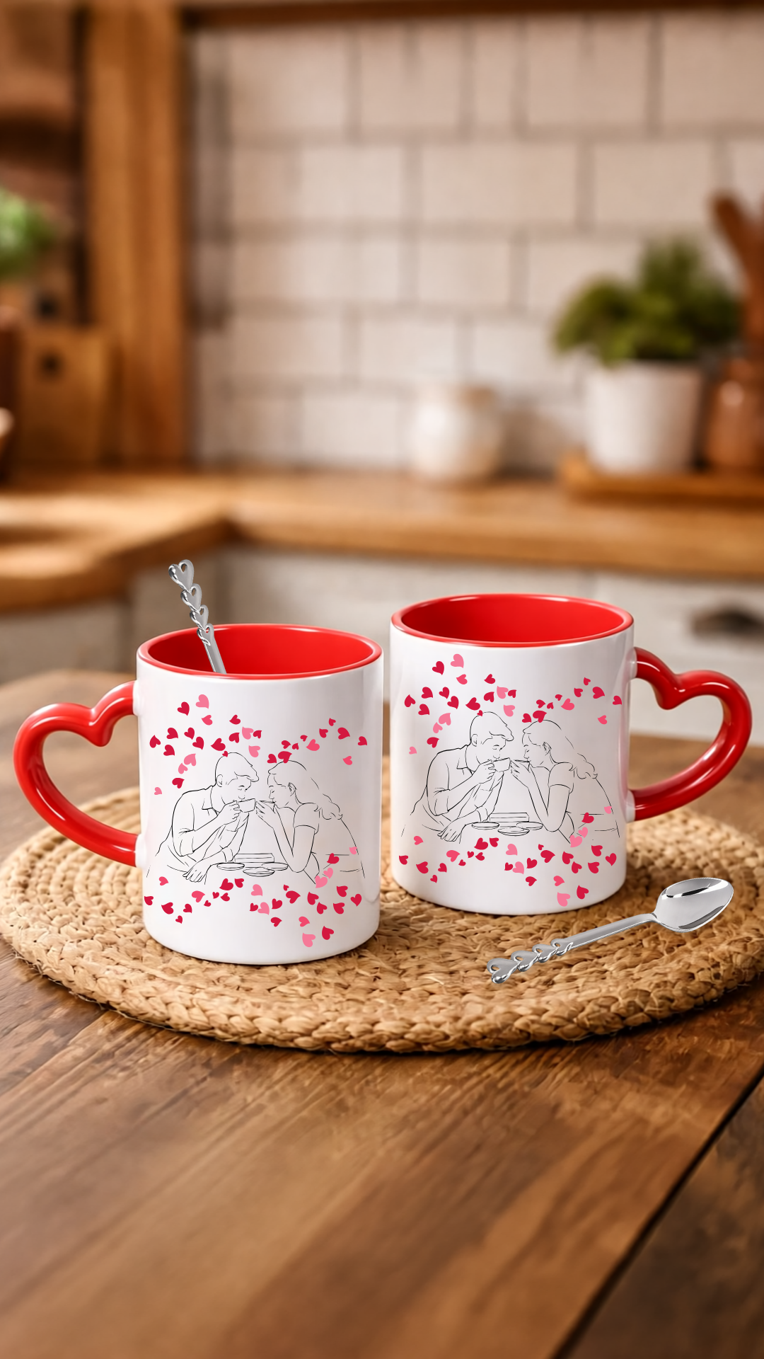 Sevgililer Gününe Özel Kaşık Hediyeli Kırmızı Kalp Kulplu 2 Adet Porselen Kupa Bardak 7