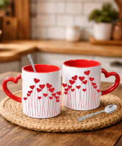 Sevgililer Gününe Özel Kaşık Hediyeli Kırmızı Kalp Kulplu 2 Adet Porselen Kupa Bardak 8