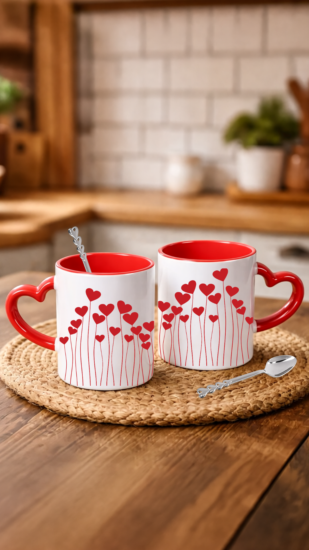 Sevgililer Gününe Özel Kaşık Hediyeli Kırmızı Kalp Kulplu 2 Adet Porselen Kupa Bardak 8