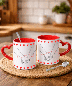 Sevgililer Gününe Özel Kaşık Hediyeli Kırmızı Kalp Kulplu 2 Adet Porselen Kupa Bardak 9