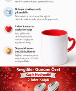 Alternative view of Sevgililer Gününe Özel Kaşık Hediyeli Kırmızı Kalp Kulplu 2 Adet Porselen Kupa Bardak 11