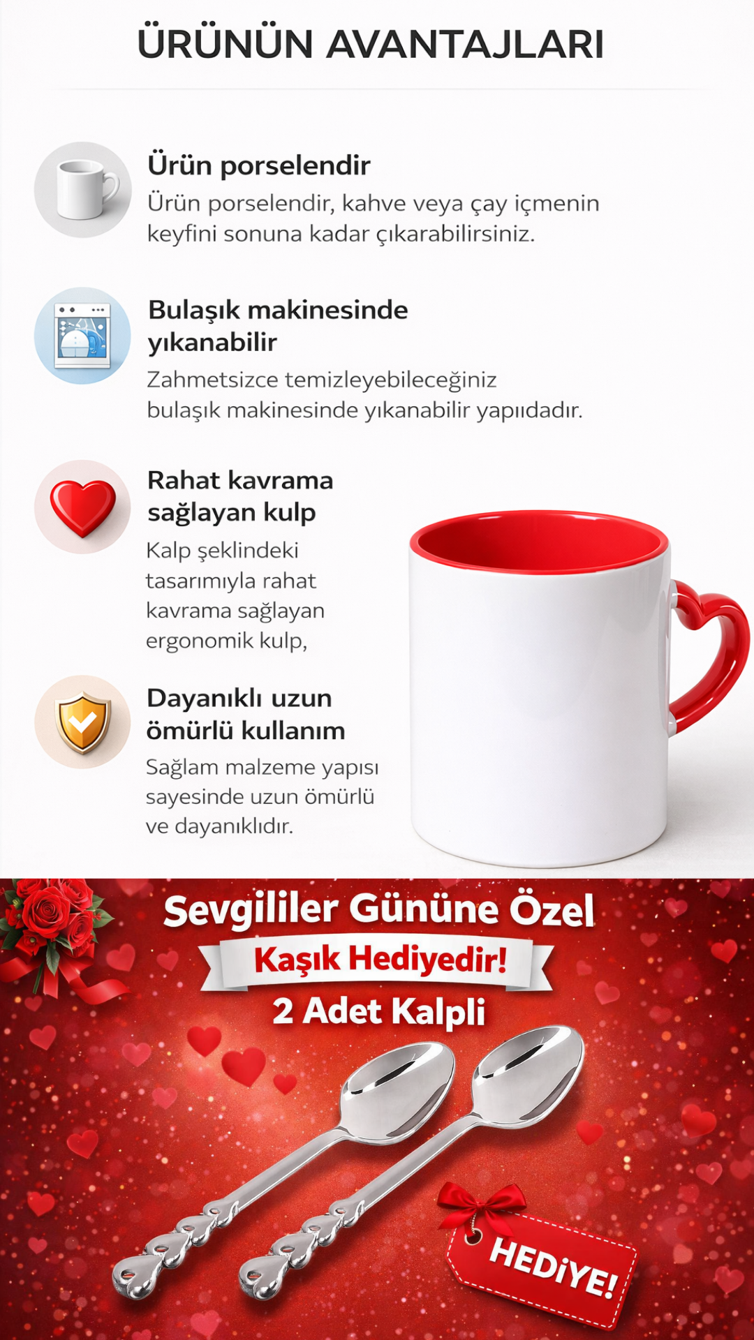 Sevgililer Gününe Özel Kaşık Hediyeli Kırmızı Kalp Kulplu 2 Adet Porselen Kupa Bardak 2 - Görsel 2