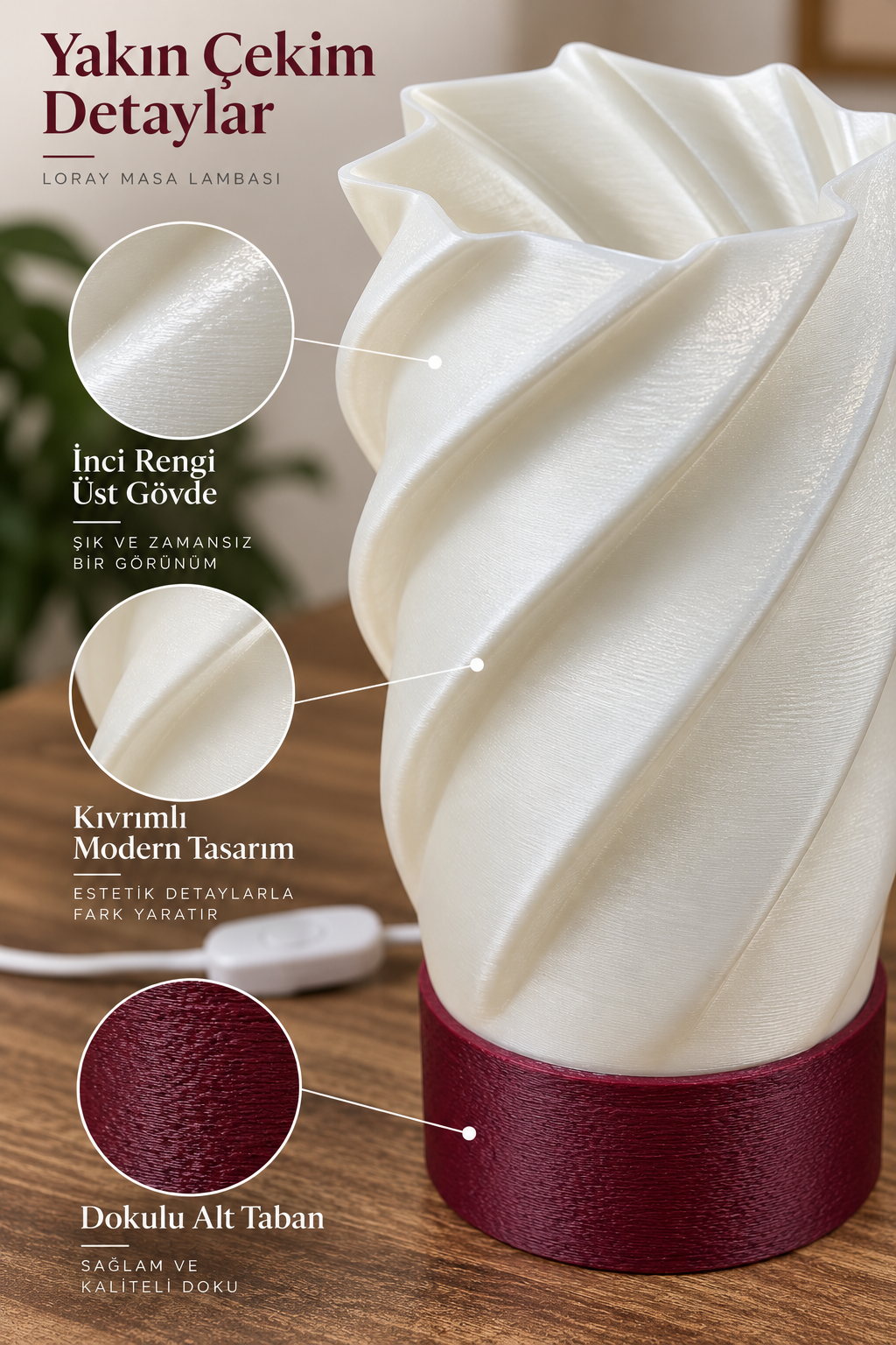 Loray Dekoratif Masa Lambası E27 Duylu Anahtarlı Kablolu Abajur 23x12 cm - Görsel 3
