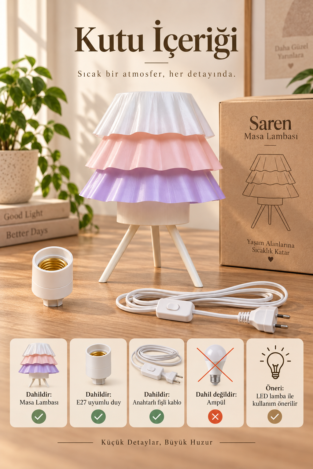 Saren Masa Lambası E27 Duy Uyumlu Anahtarlı Kablolu Dekoratif Abajur - Görsel 8