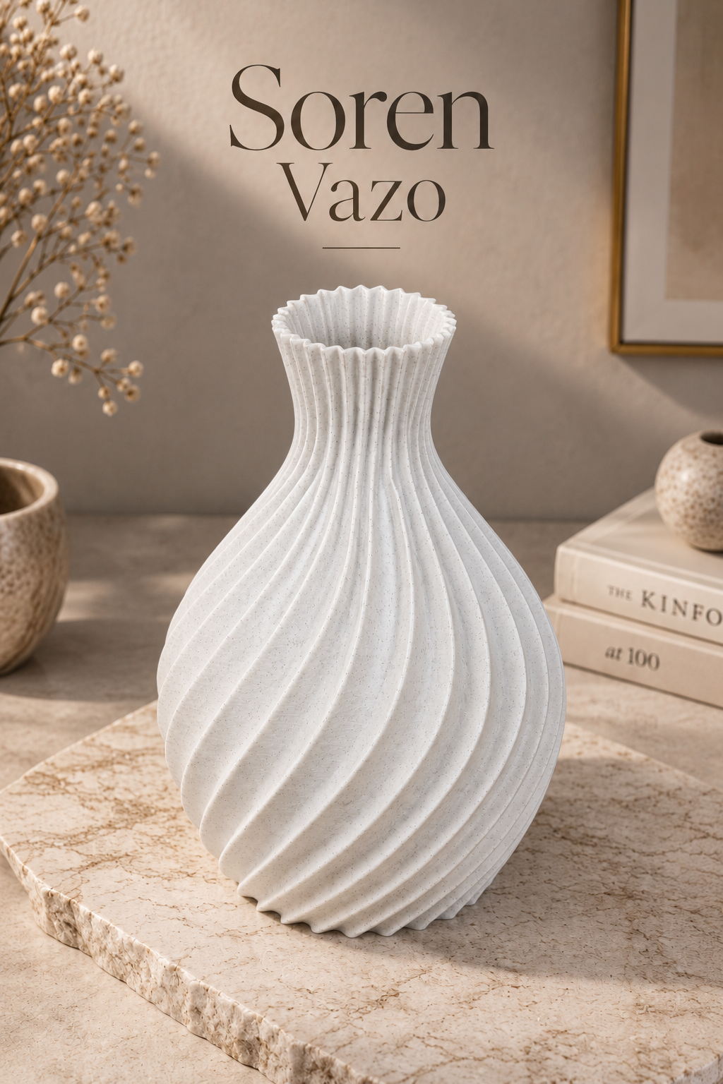 Mermer Görünümlü Soren Dekoratif Vazo Modern Salon Dekoru ve Masaüstü Vazo