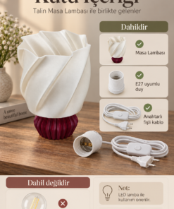 Talin Masa Lambası E27 Uyumlu Anahtarlı Fişli Kablolu Dekoratif Abajur 23 cm İnci Beyaz Bordo - Görsel 8