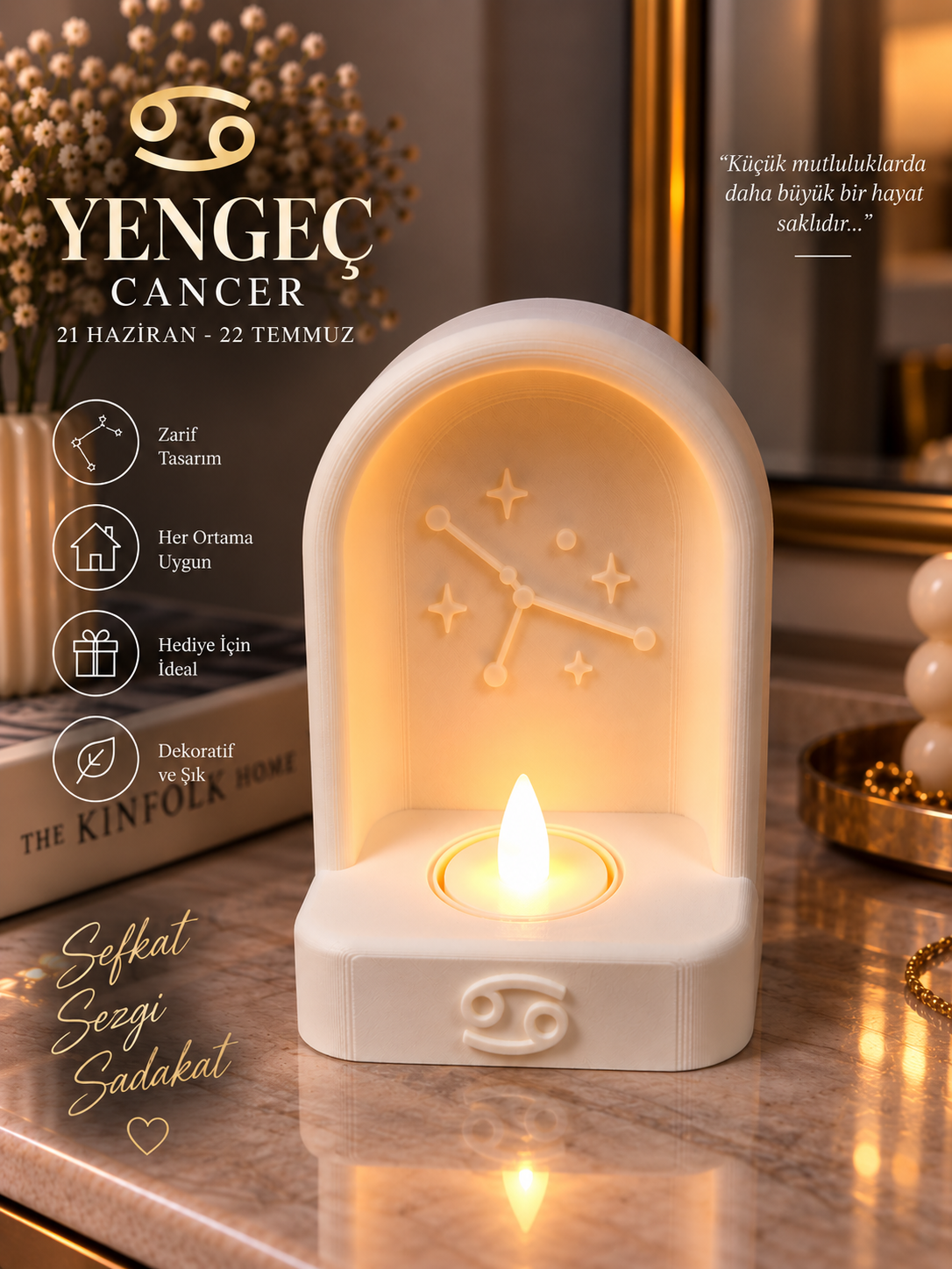 Yengeç Burcu Özel Dekoratif LED Mum Objesi Takımyıldız Tasarımı Pilli LED Mum Dahil 15x10 cm