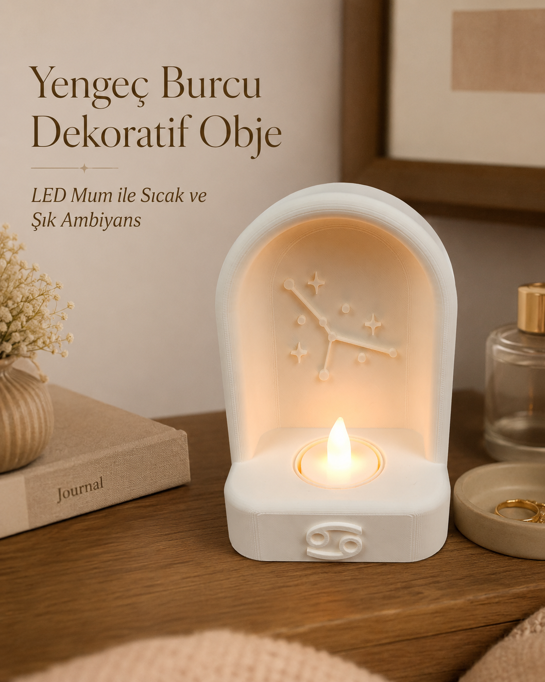 Yengeç Burcu Özel Dekoratif LED Mum Objesi Takımyıldız Tasarımı Pilli LED Mum Dahil 15x10 cm - Görsel 2