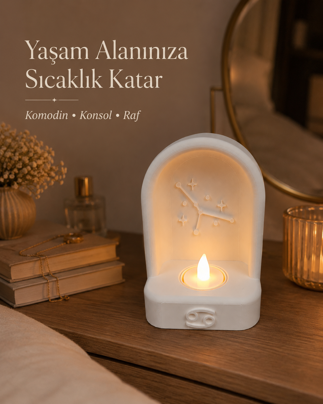 Yengeç Burcu Özel Dekoratif LED Mum Objesi Takımyıldız Tasarımı Pilli LED Mum Dahil 15x10 cm - Görsel 3