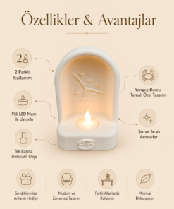Yengeç Burcu Özel Dekoratif LED Mum Objesi Takımyıldız Tasarımı Pilli LED Mum Dahil 15x10 cm - Görsel 5