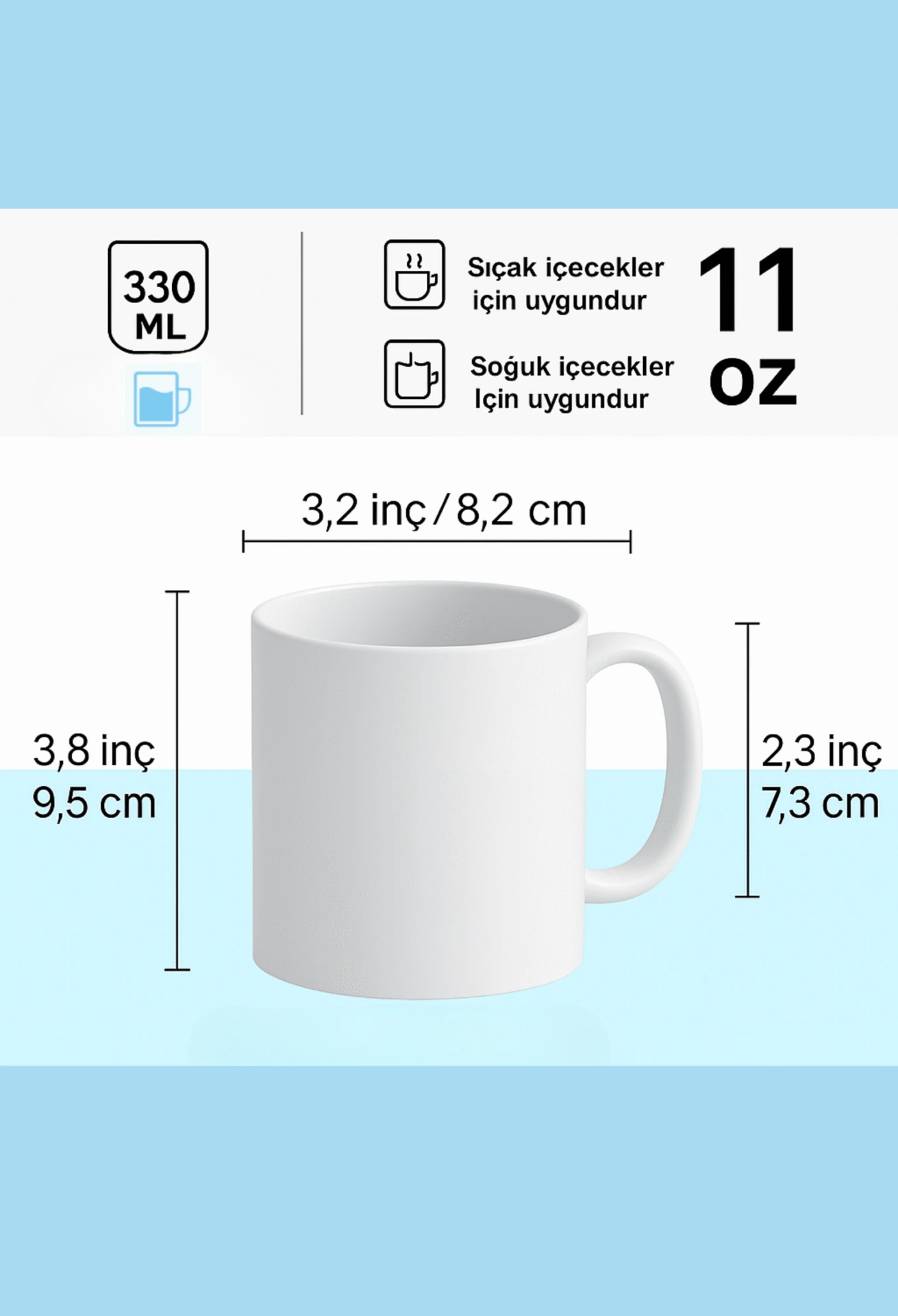330 ml kupa kapasitesi ve yaklaşık ölçüleri