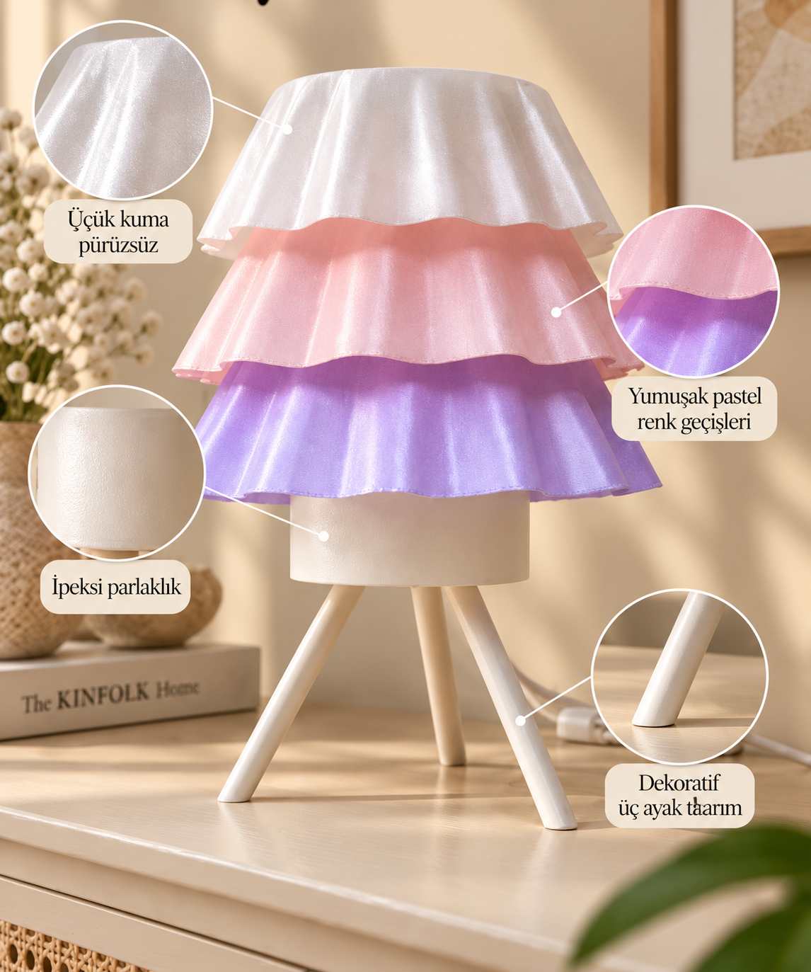 Saren masa lambasının beyaz, pastel pembe ve lila katmanlı tasarım detayı