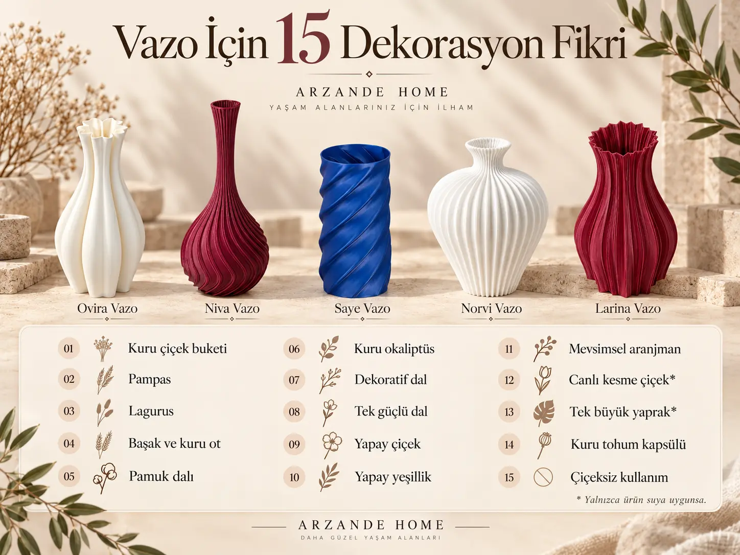 Vazo için kuru çiçek, pampas, doğal dal ve çiçeksiz kullanım dahil 15 dekorasyon fikri