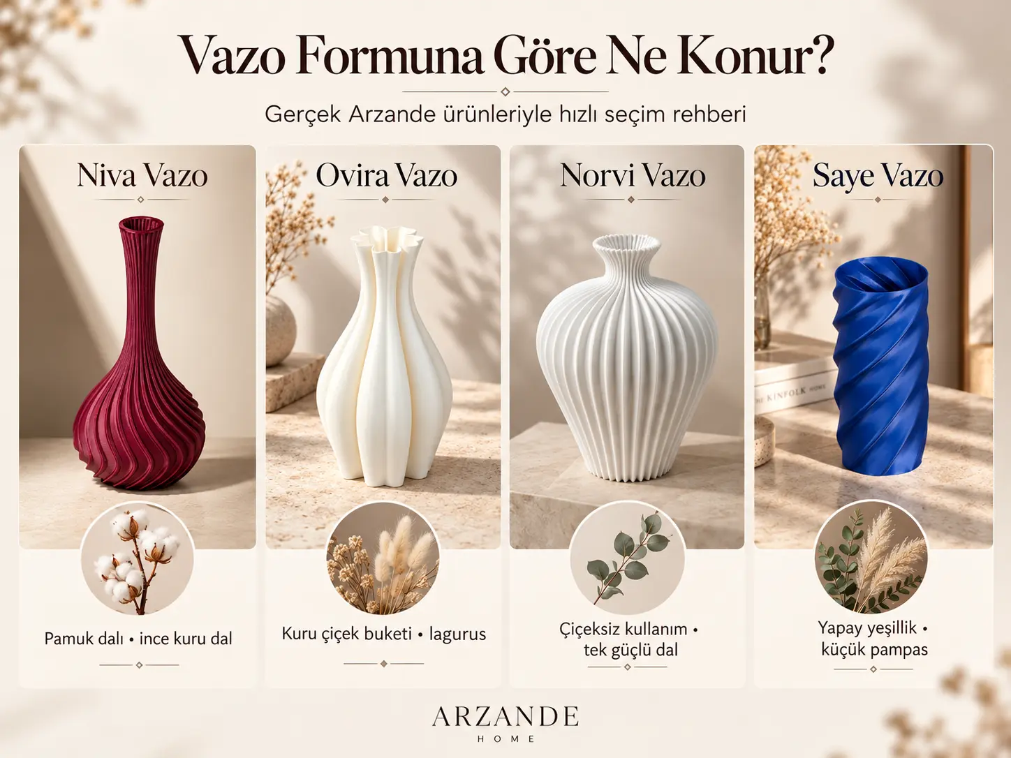 Dar, orta, geniş ağızlı ve heykelsi vazo formlarına uygun dekorasyon seçenekleri
