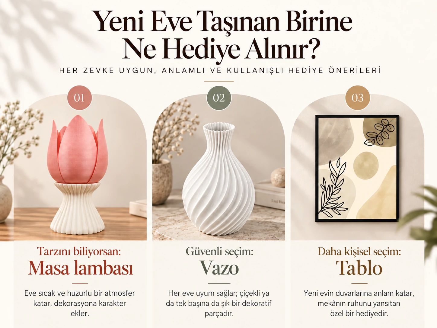 Yeni eve taşınan birine hediye seçimi: masa lambası, vazo ve tablo önerileri